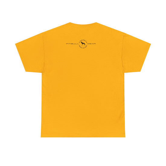 Yellow FITBULL fitness t-shirt with a small logo on the back against a white background
