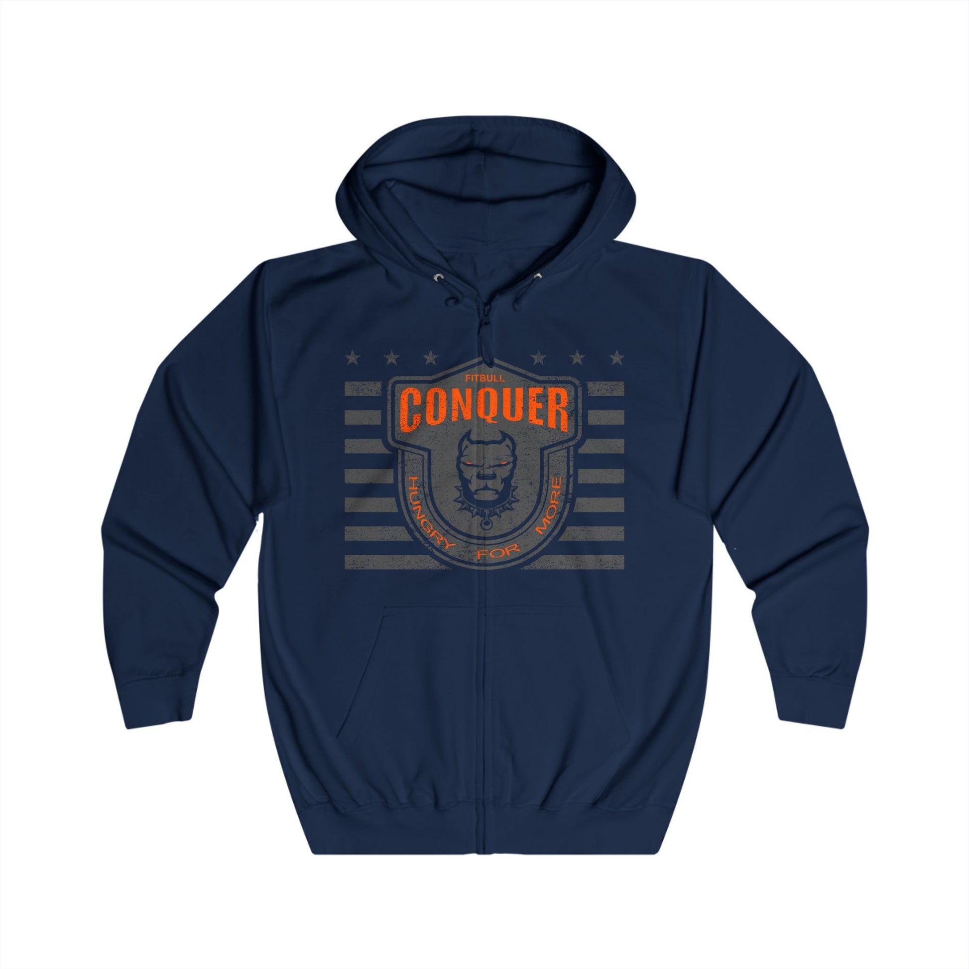 Navy blue Fitbull hoodie with 'Mission Child of God' text and cross on a white background