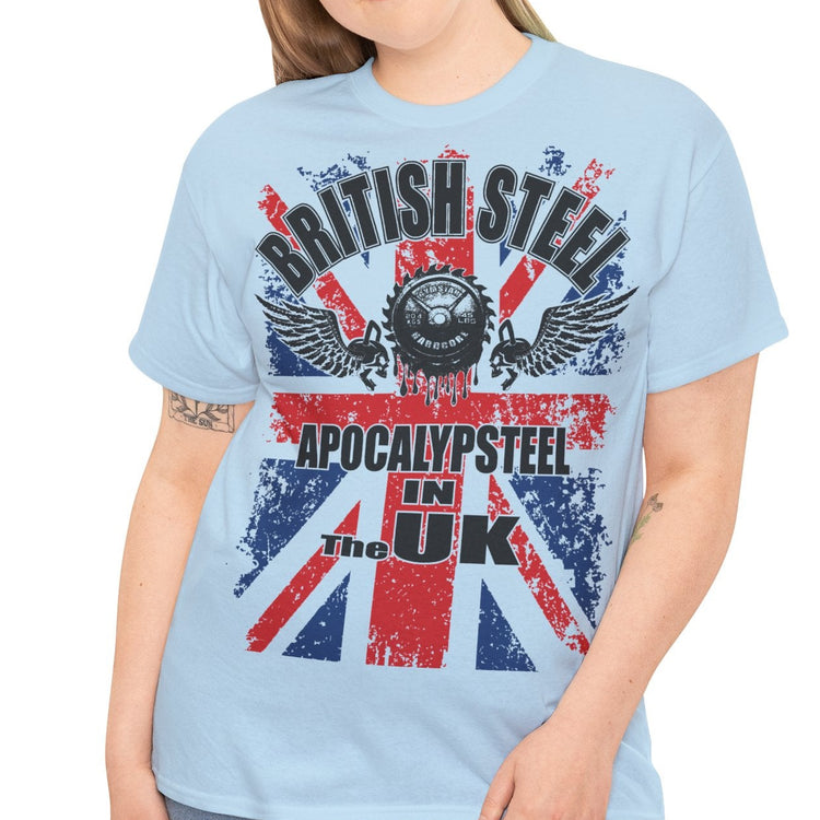 A woman modeling a light blue graphic t-shirt with a distressed Union Jack design and the text 'BRITISH STEEL' and 'APOCALYPSESTEEL IN THE UK'.