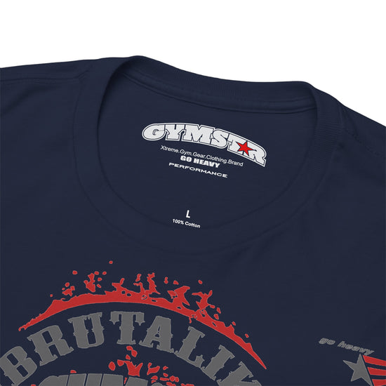 Close-up of a black crewneck t-shirt showing the inner neck label with 'GYMSTAR' and '60 HEAVY' branding, and the lower portion of a red and gray graphic print on the front.