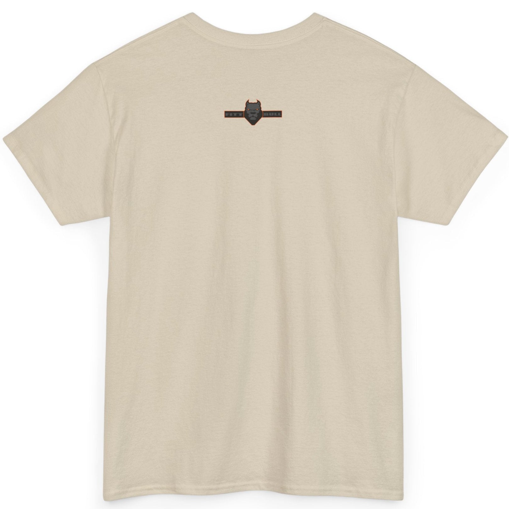 Beige t-shirt with a small black logo on the back against a white background
