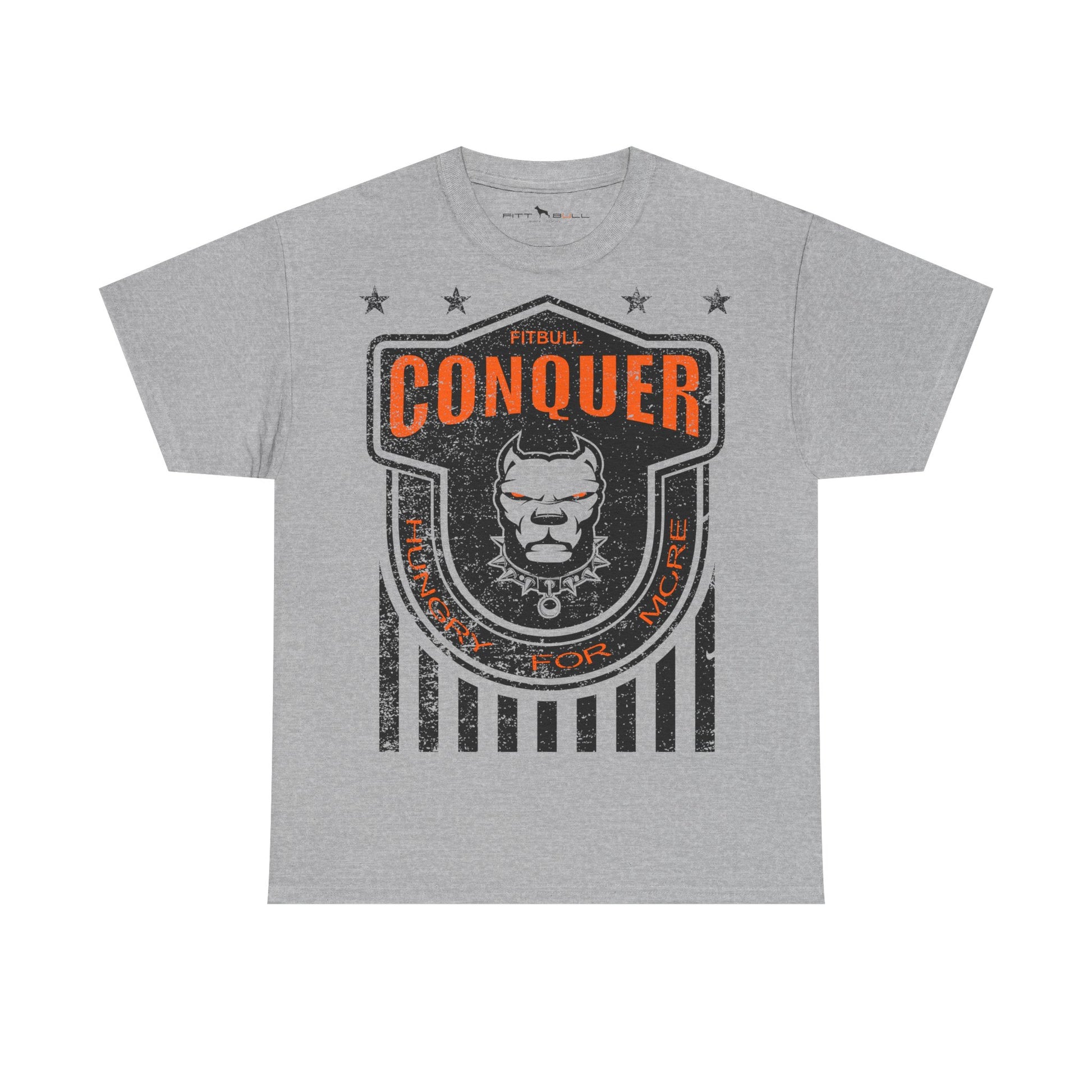 Gray Fitbull fitness t-shirt with 'Conquer' graphic design on a white background