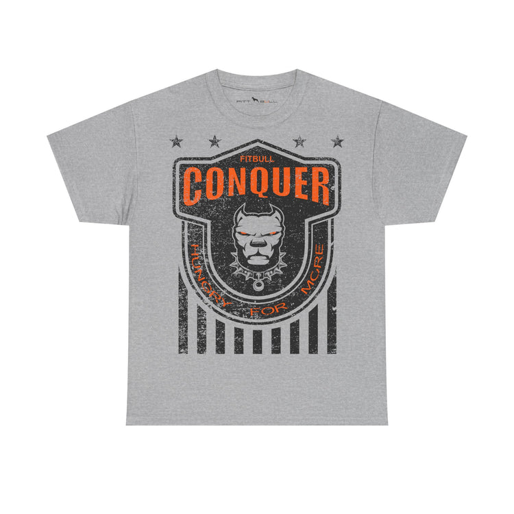 Gray Fitbull fitness t-shirt with 'Conquer' graphic design on a white background
