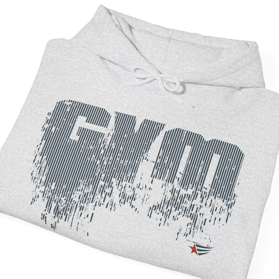 A folded light gray heather hoodie with a distressed dark gray 'GYM' graphic on the front and a small red and blue logo near the lower right front, shown on a plain white background.