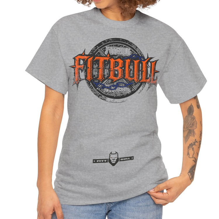 Woman wearing a gray t-shirt with 'Fitbull' logo on a white background