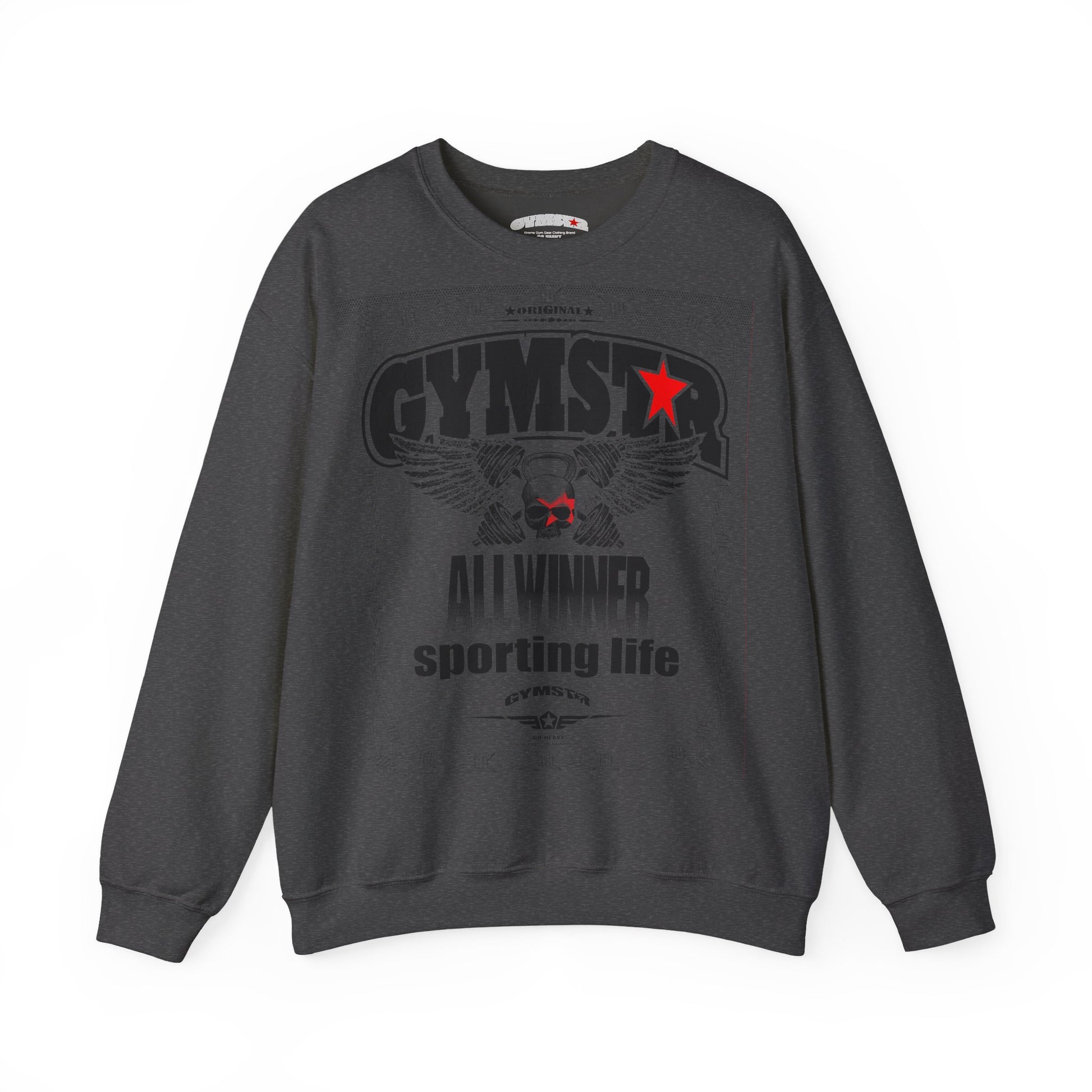 Gray sweatshirt with 'GYMSTAR' branding on a white background