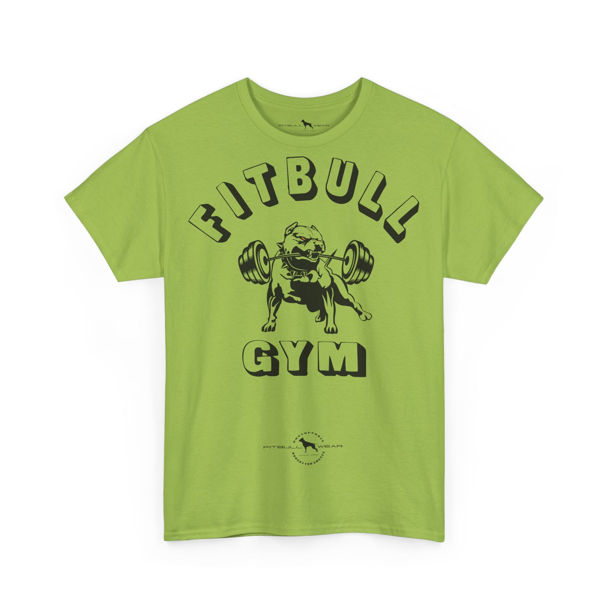 Green fitness t-shirt with 'Fitbull Gym' graphic on a white background