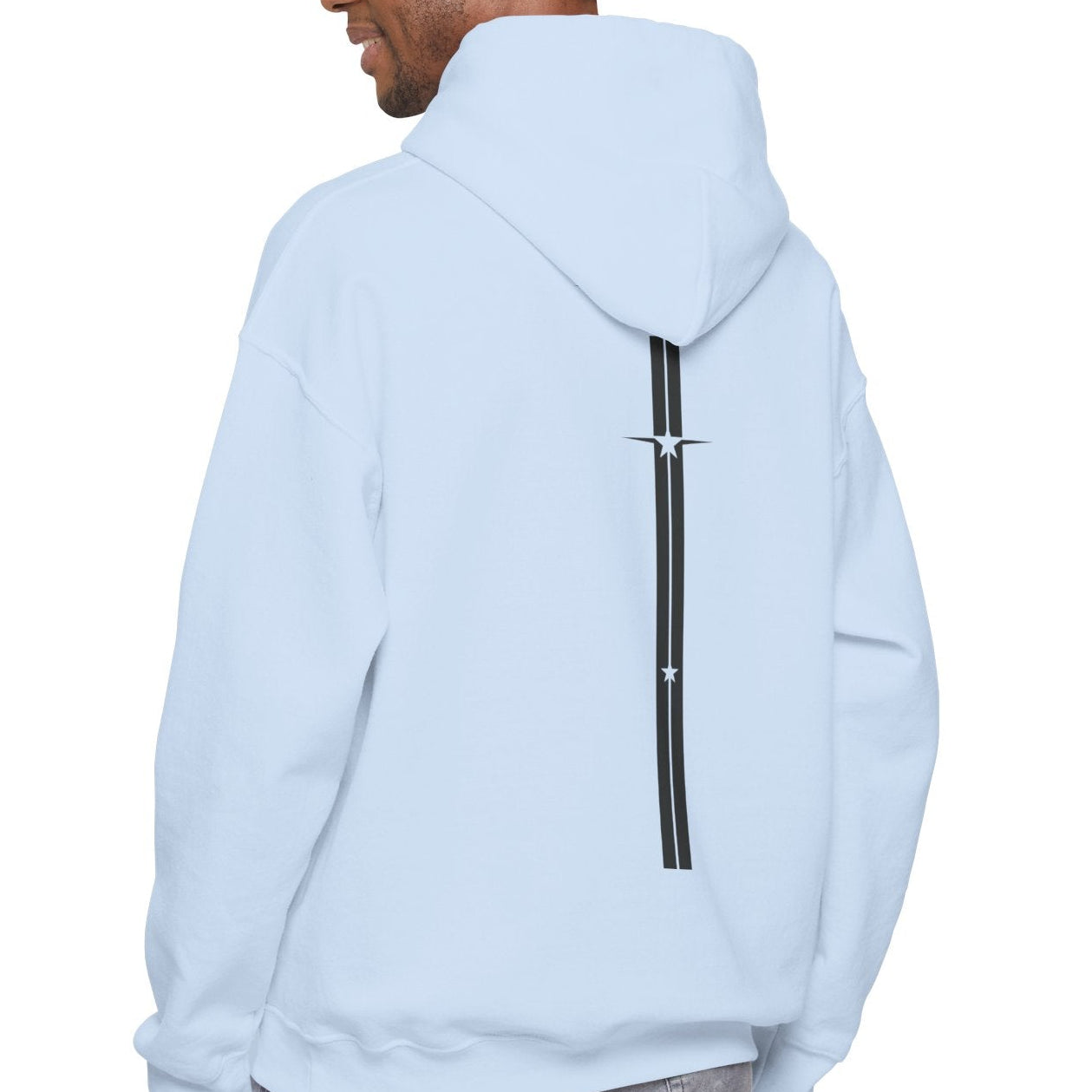 Person wearing a light blue Gymstar hoodie with a zipper on a white background