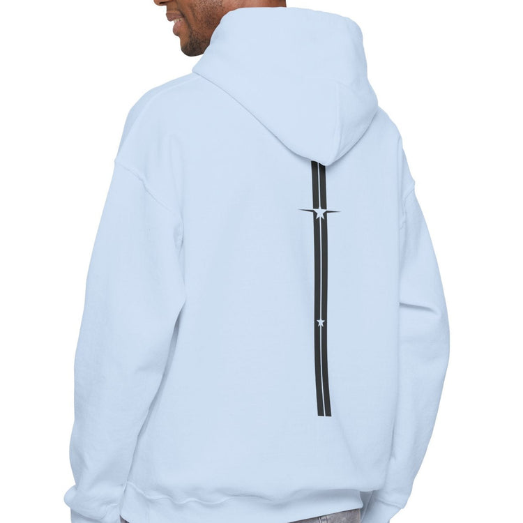 Person wearing a light blue Gymstar hoodie with a zipper on a white background