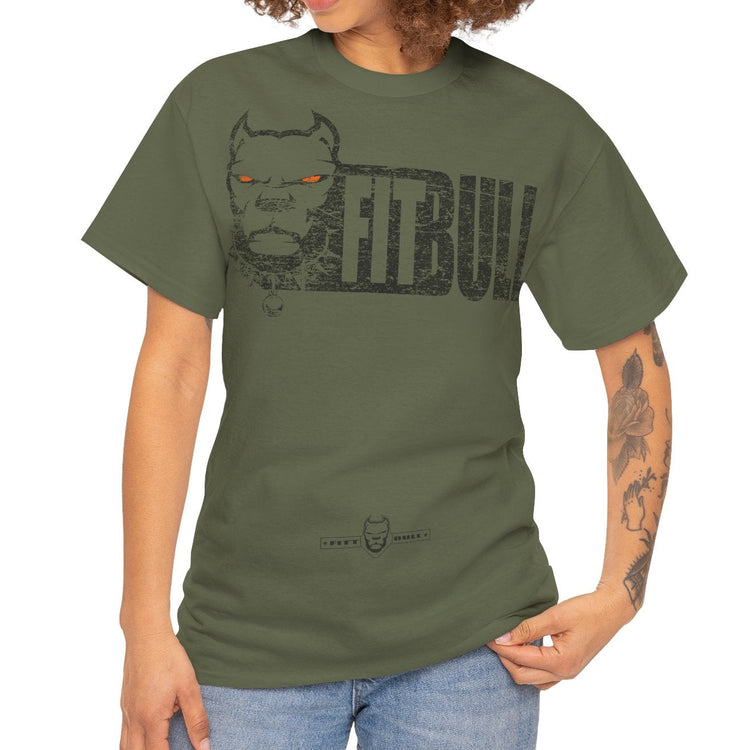 Woman wearing a green t-shirt with 'Fitbull' text on a white background