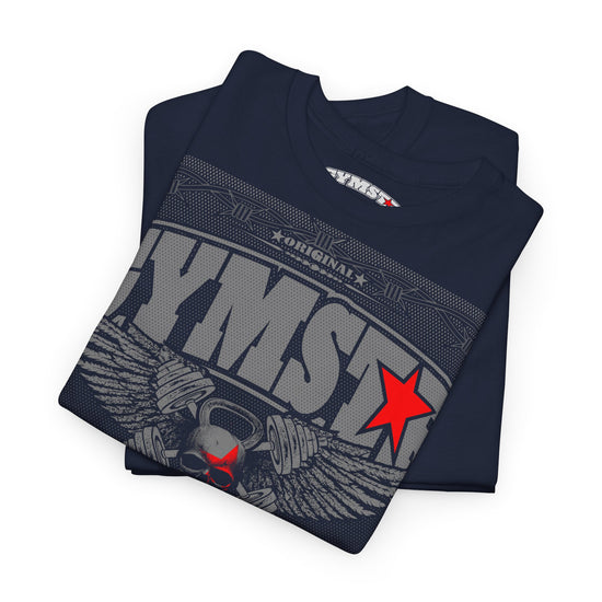 Folded navy blue GYMSTAR t-shirt with graphic design and brand logo on a white background