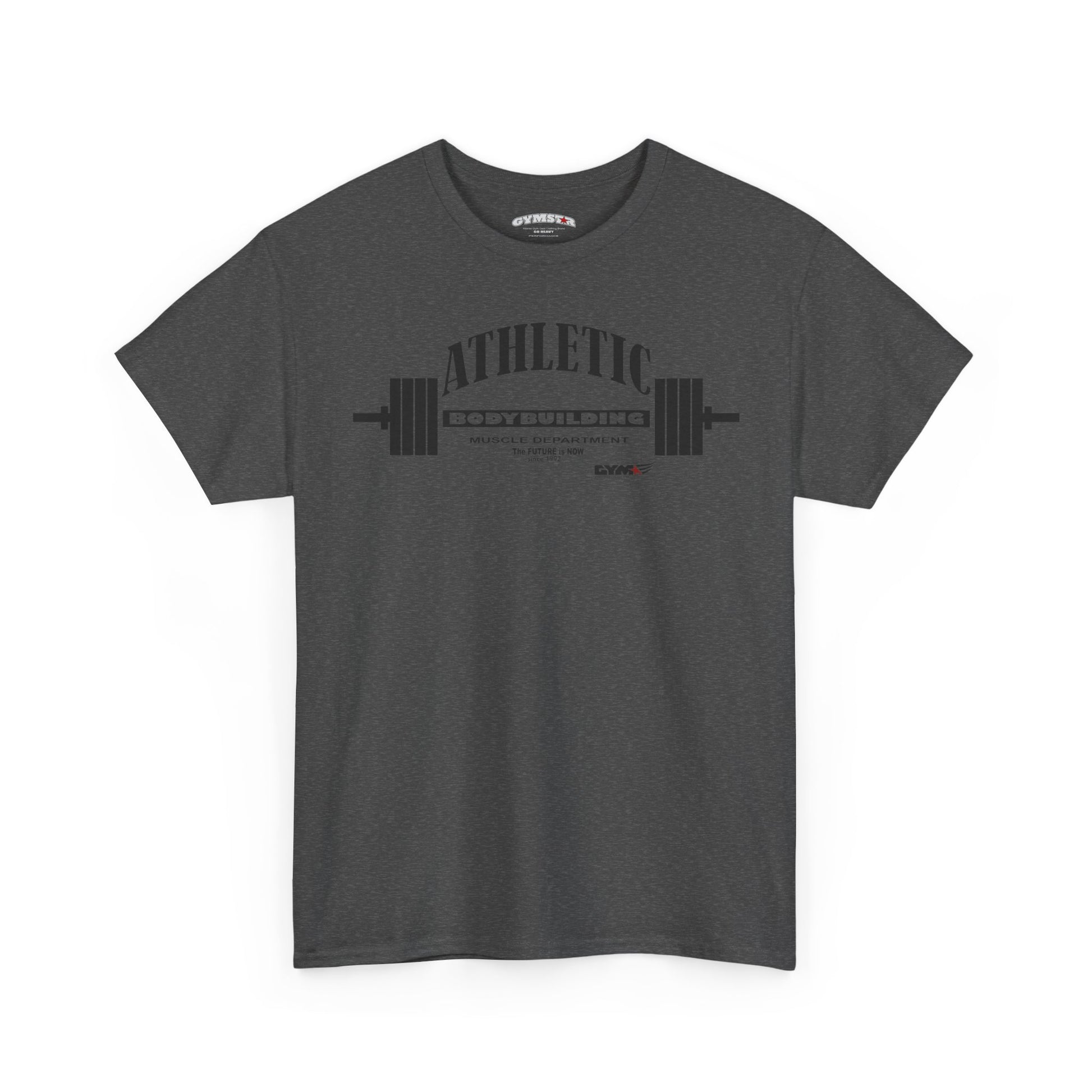 Dark gray Gymstar t-shirt with black graphic and text on a white background