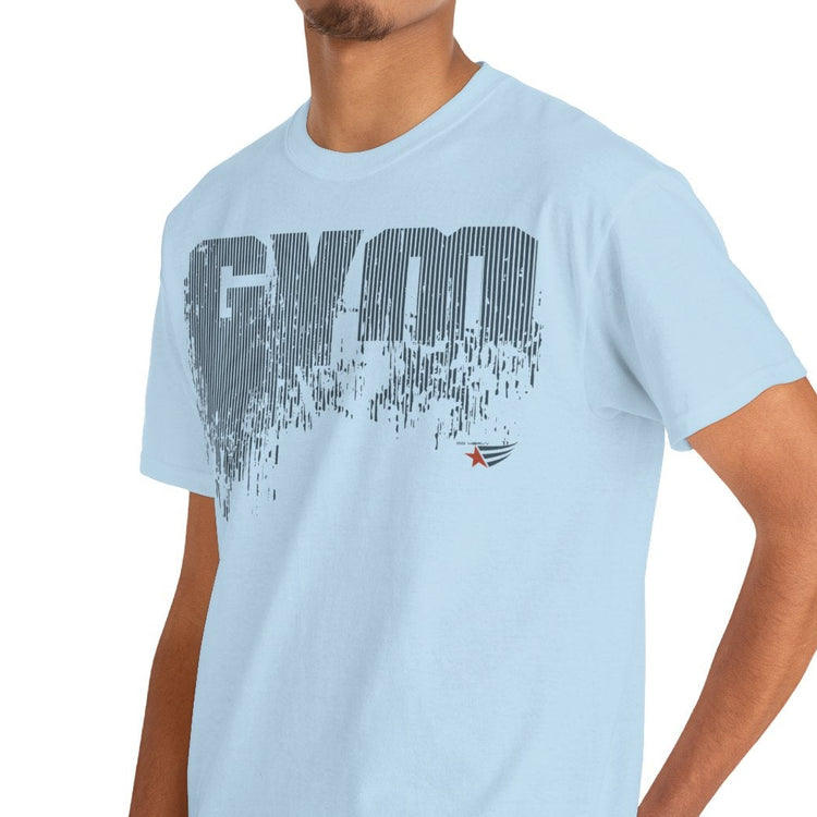 Person wearing a light blue t-shirt with 'GOD>GOV' text on a white background