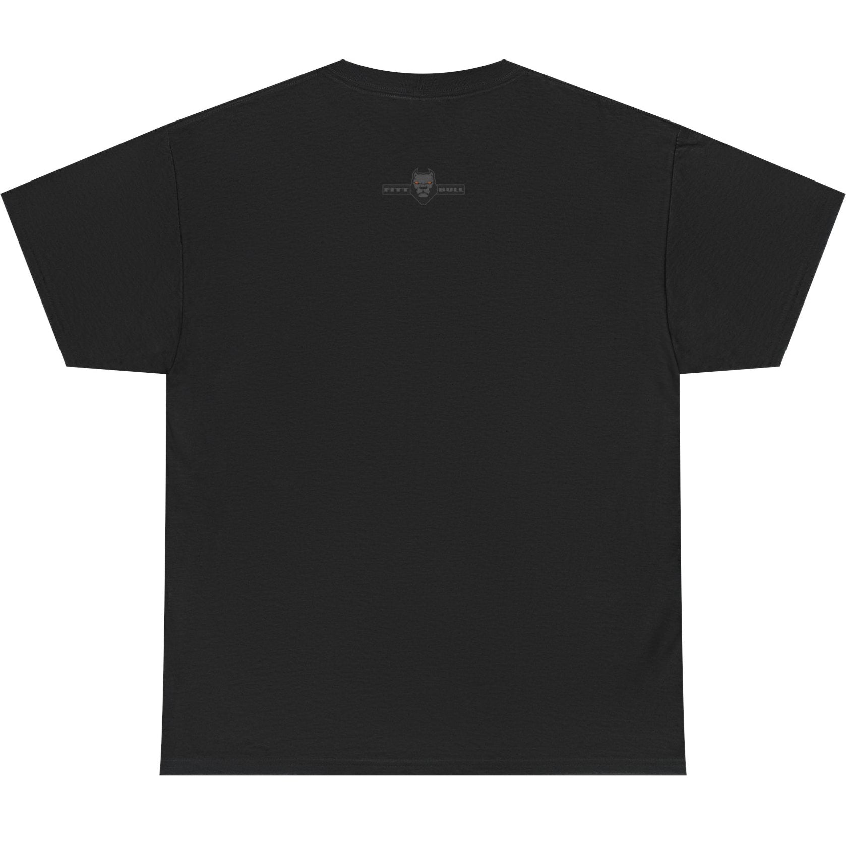 Black t-shirt with a small logo on the back against a white background