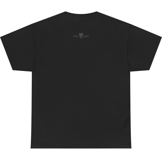 Black t-shirt with a small logo on the back against a white background