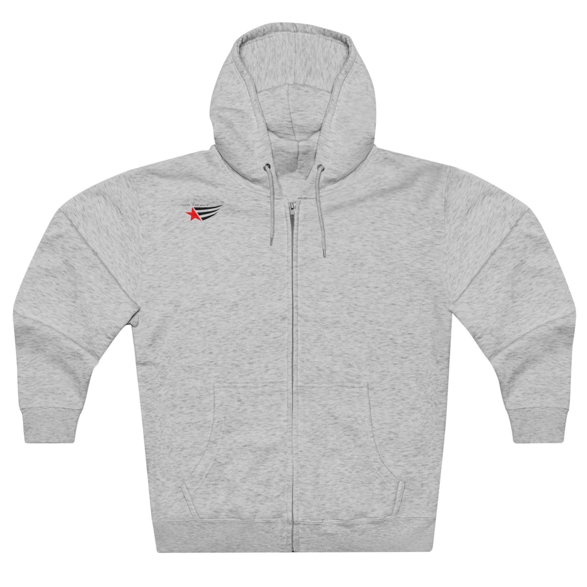 Sport grey athletic hoodie gymstar with full zip, two pockets and a  GYMSTAR logo. Front view.