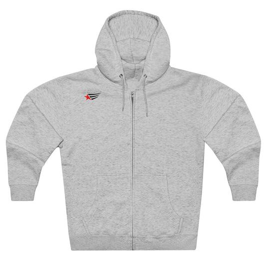 Sport grey athletic hoodie gymstar with full zip, two pockets and a  GYMSTAR logo. Front view.