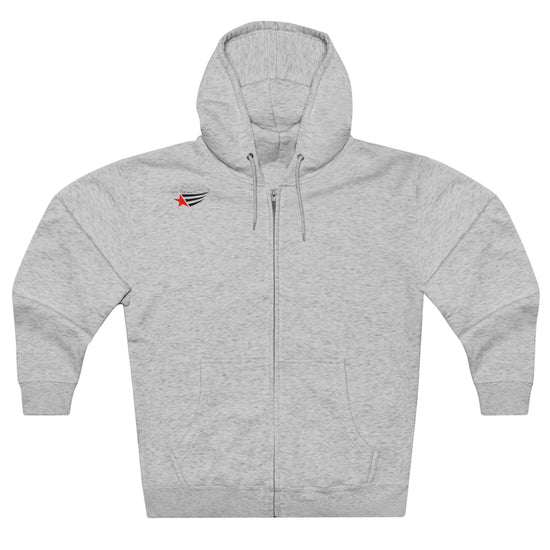 Sport grey athletic hoodie gymstar with full zip, two pockets and a  GYMSTAR logo. Front view.
