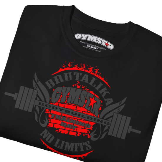 A  black Gymstar t-shirt with a graphic print Brutalica and a barbell in the center, designed for fitness and sports. Front close up view
