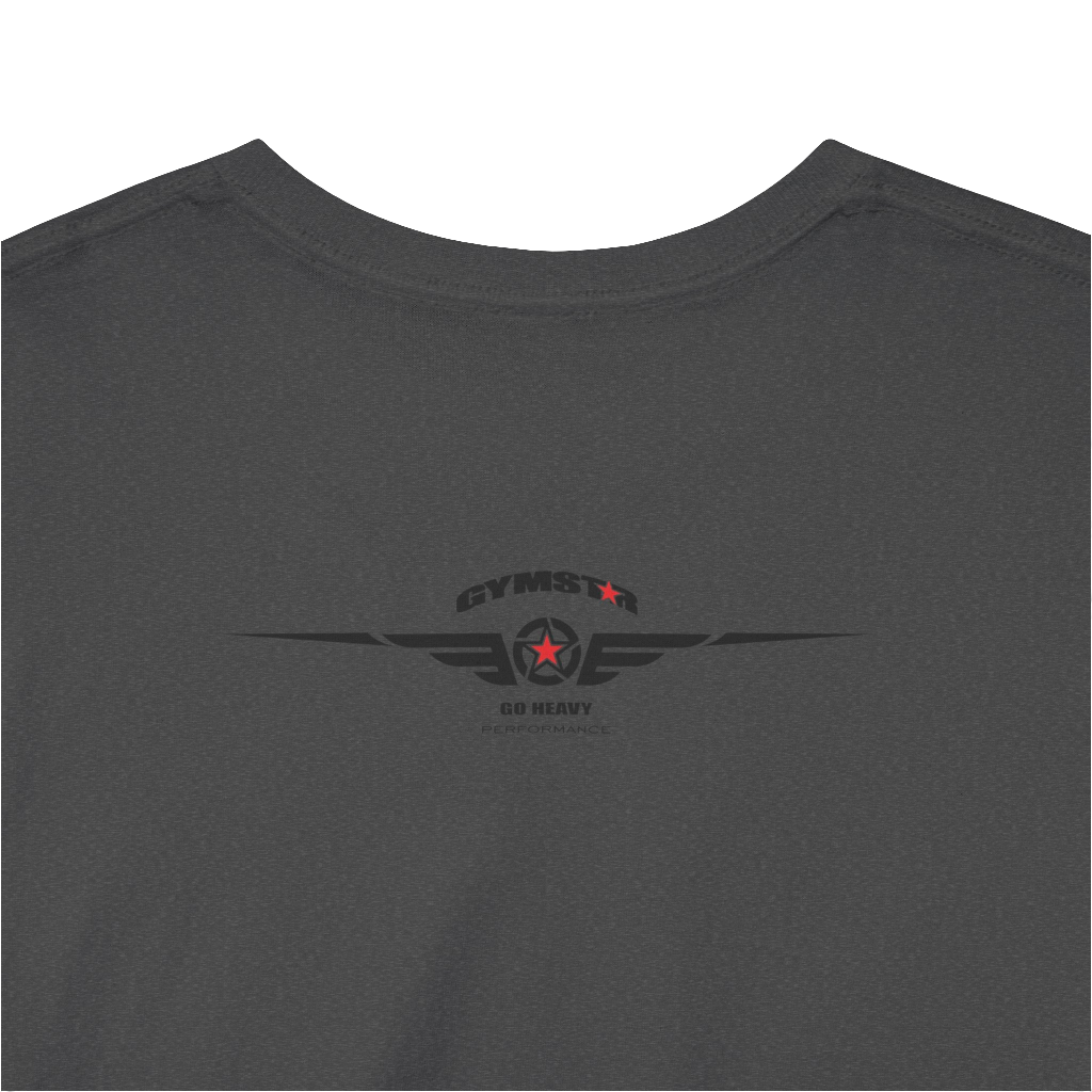 A grey Gymstar t-shirt with the text 'I WANT YOU' printed on the front, along with graphics of a weightlifter and dumbbells. Rear close up view.