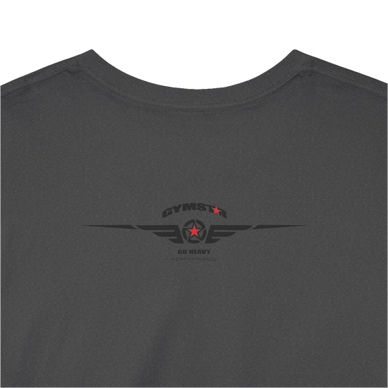 A grey Gymstar t-shirt with the text 'I WANT YOU' printed on the front, along with graphics of a weightlifter and dumbbells. Rear close up view.