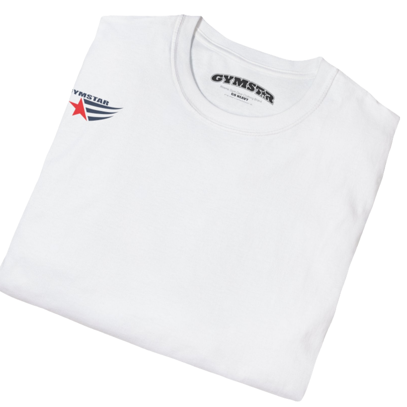 A men's white short-sleeved t-shirt Gymstar designed for fitness. It features a small logo on the left chest, which consists of a red star and three black stripes. Close up view.