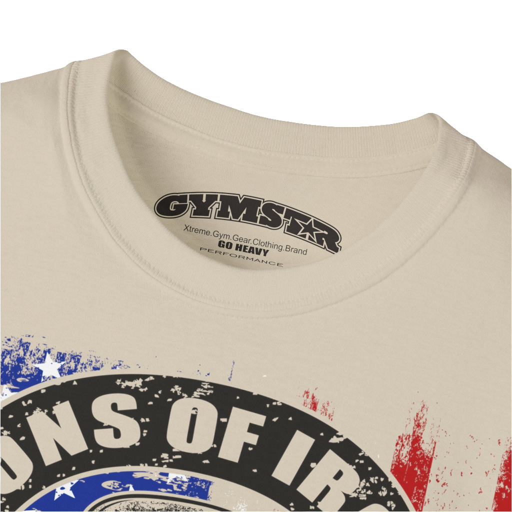 A beige Gymstar tee with a red, blue and black graphic that reads 'Sons Of Iron', skull-kettlebell, barbell and logo, presumably bodybulding or fitness. Logo Close up view.