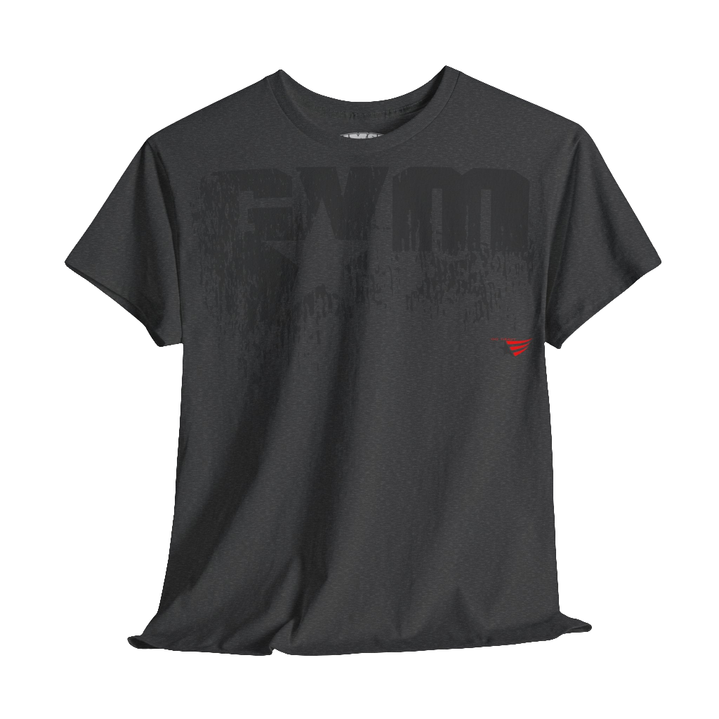 A dark grey Gymstar t-shirt with the text 'GYM' printed on the front, along with graphics of a weightlifter and dumbbells. Front view.