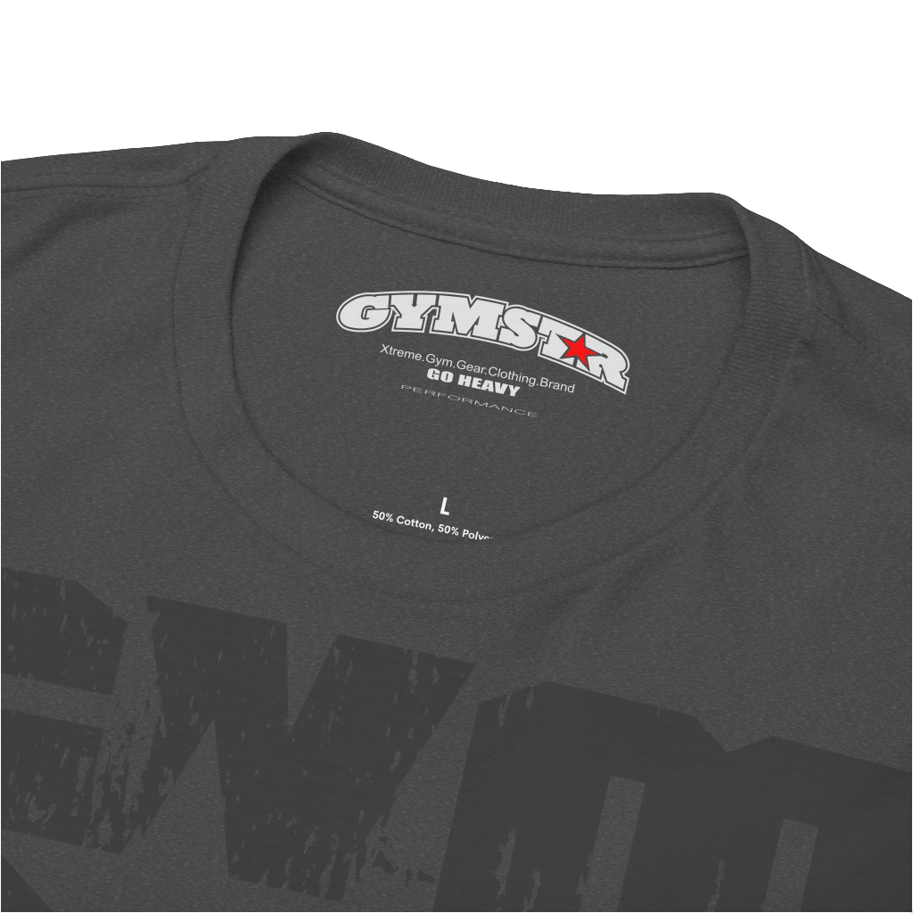 A dark grey Gymstar t-shirt with the text 'GYM' printed on the front, along with graphics of a weightlifter and dumbbells. Close up  view.