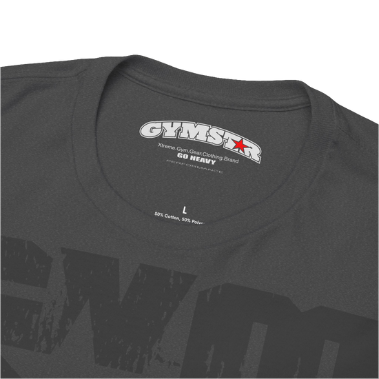 A dark grey Gymstar t-shirt with the text 'GYM' printed on the front, along with graphics of a weightlifter and dumbbells. Close up  view.