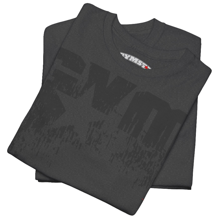 A dark grey Gymstar t-shirt with the text 'GYM' printed on the front, along with graphics of a weightlifter and dumbbells. Close up front view.
