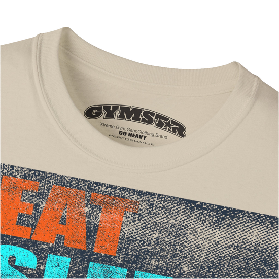 A beige sports t-shirt from Gymstar with a modern and motivational design. The chest features a large, colorful print with "EAT," "SLEEP," "GYMSTAR," and "REPEAT" text, each with an icon. This t-shirt is perfect for anyone living a fitness lifestyle and looking for comfortable and stylish apparel for workouts or daily wear. Logo Close up view.