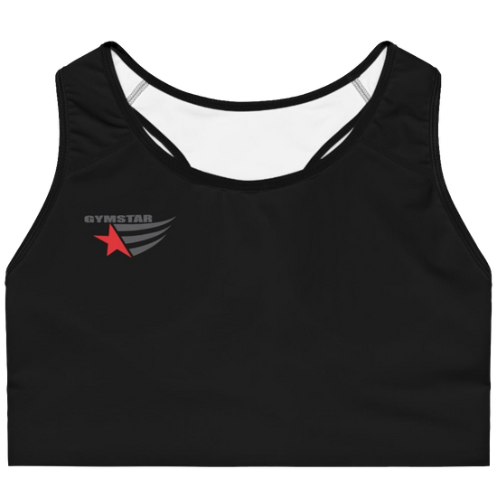 Black sports, fitness bra from the Gymstar brand, with a small logo on the left side.