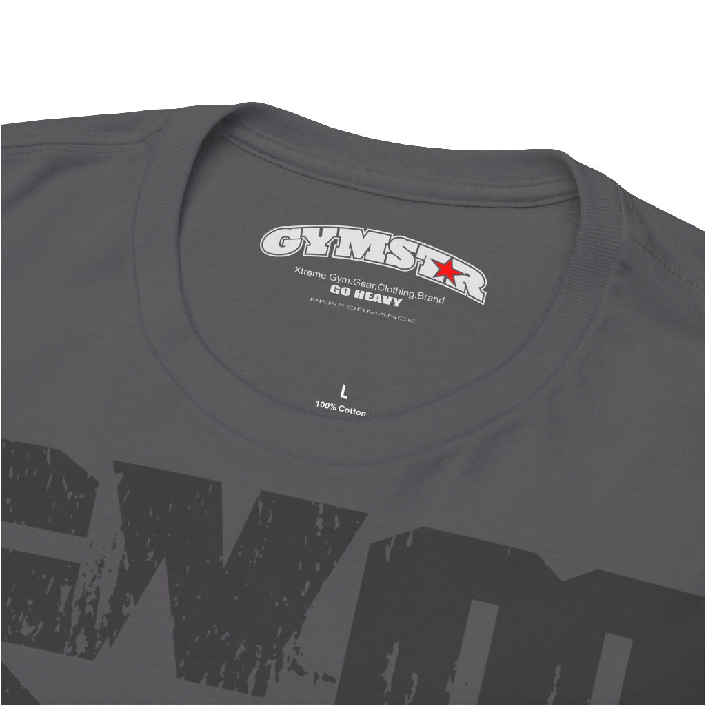A carolina blue Gymstar t-shirt with the text 'I WANT YOU' printed on the front, along with graphics of a weightlifter and dumbbells.Close up view.
