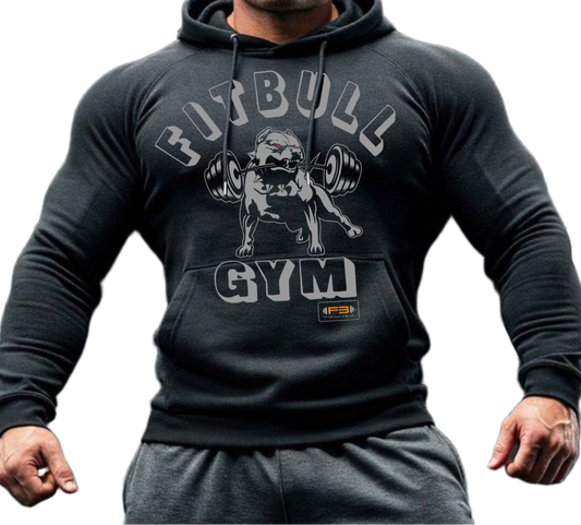 male bodybuilder with a sports hoodie for fitness and bodybuilding of the brand Fitbull branded with a motivating motif front view