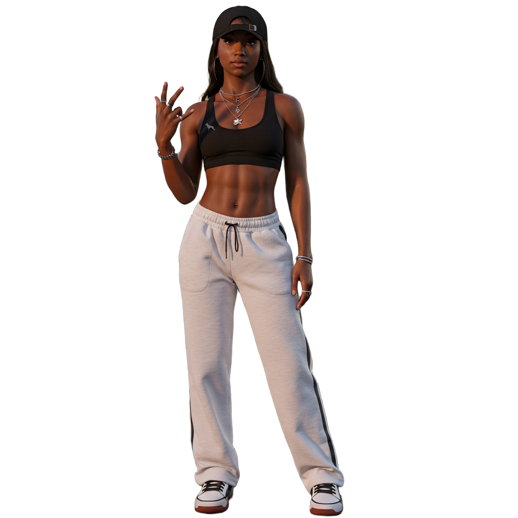 Woman wearing a black sports Fitbull bra and white sweatpants.