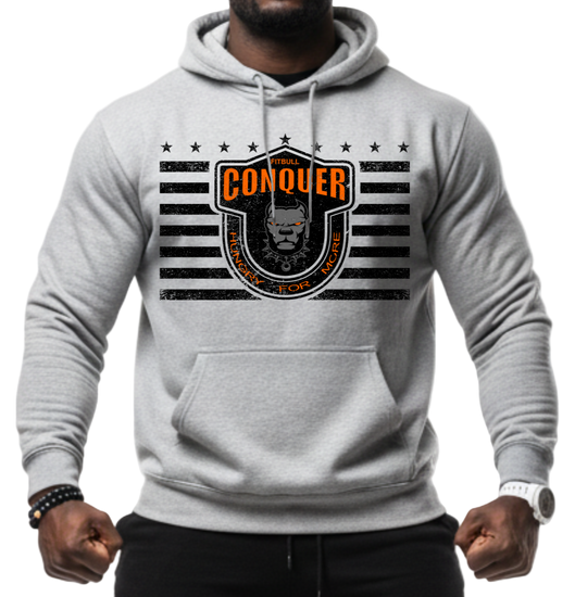 Man wearing a grey Fitbull sporty hoodie with bodybuilding motivating design Conquer with orange accents.