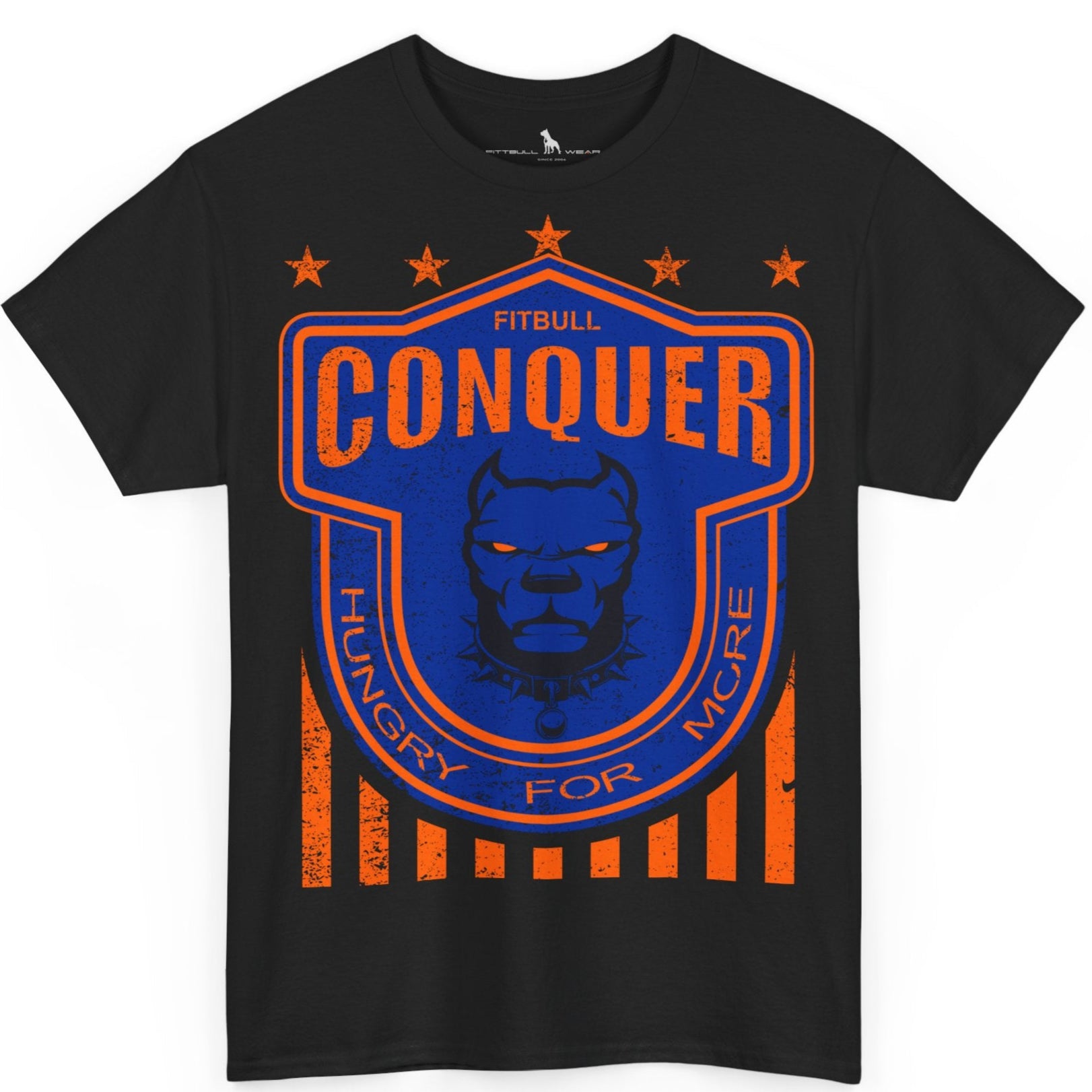 A Fitbull t-shirt with a Conquer motivational graphic design black.