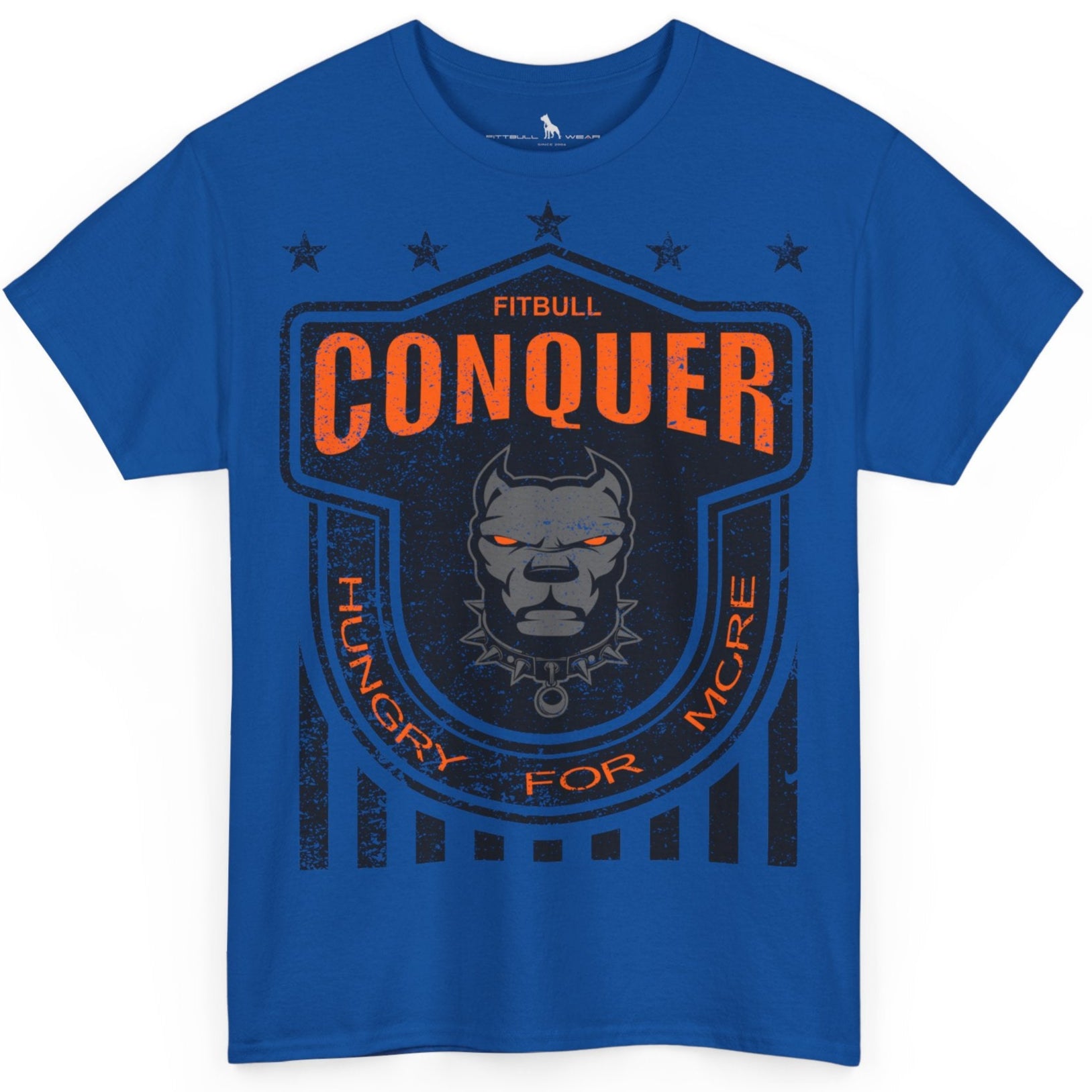 A Fitbull t-shirt with a Conquer motivational graphic design blue.