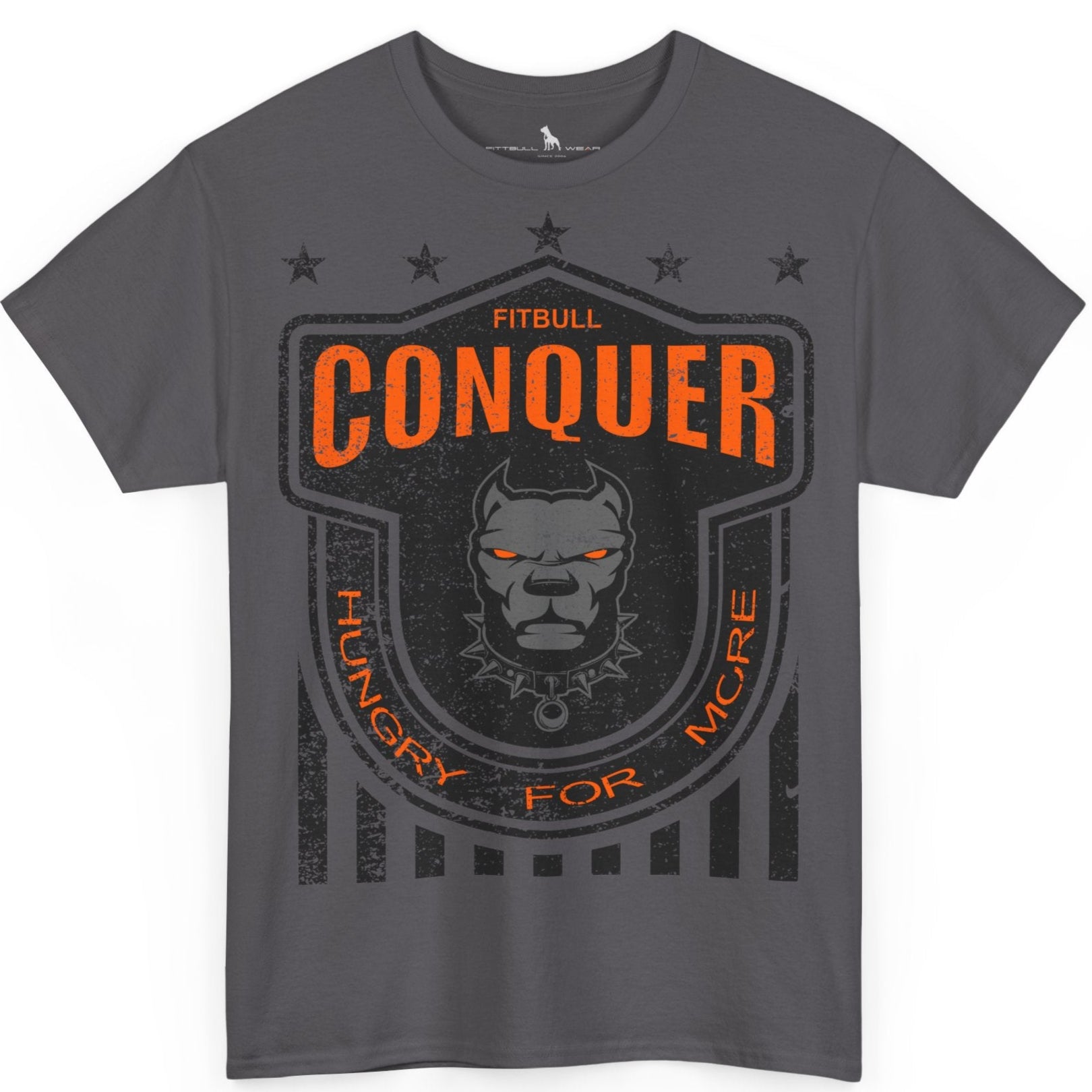 A Fitbull t-shirt with a Conquer motivational graphic design charcoal.