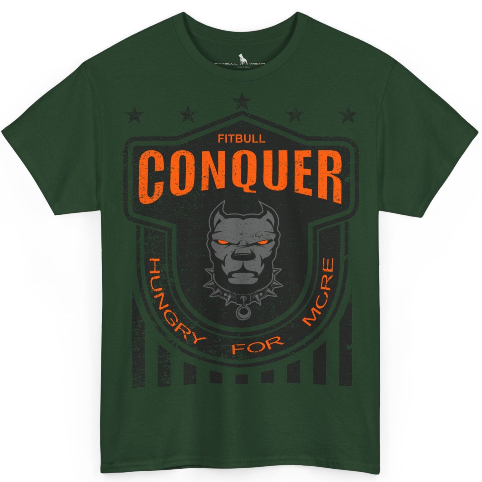 A Fitbull t-shirt with a Conquer motivational graphic design dark green.