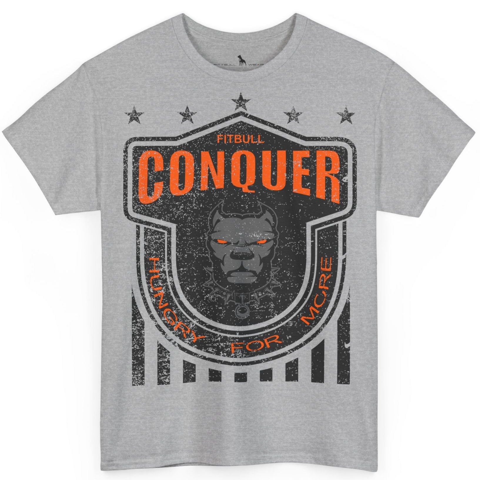 A Fitbull t-shirt with a Conquer motivational graphic design grey.