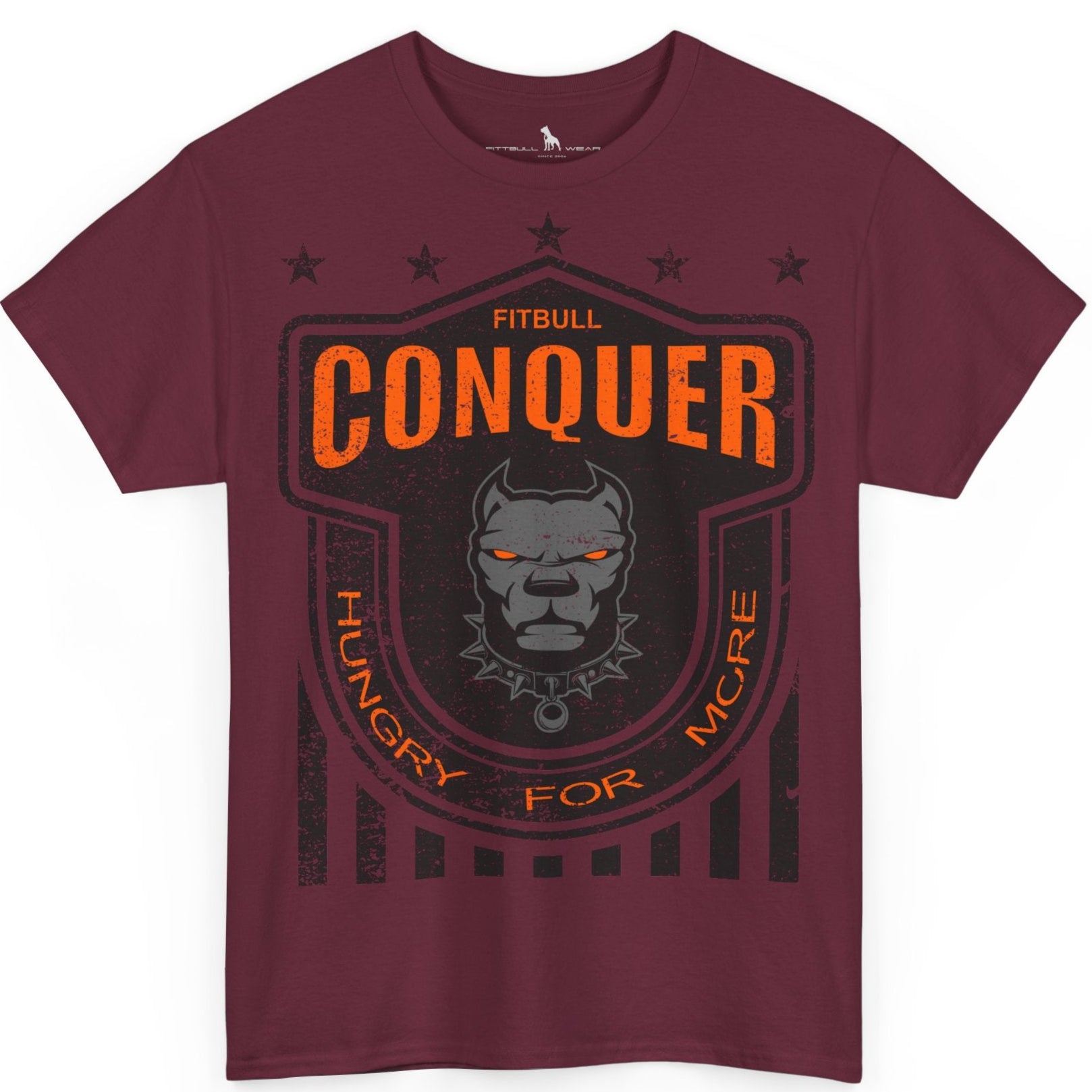 A Fitbull t-shirt with a Conquer motivational graphic design maroon.