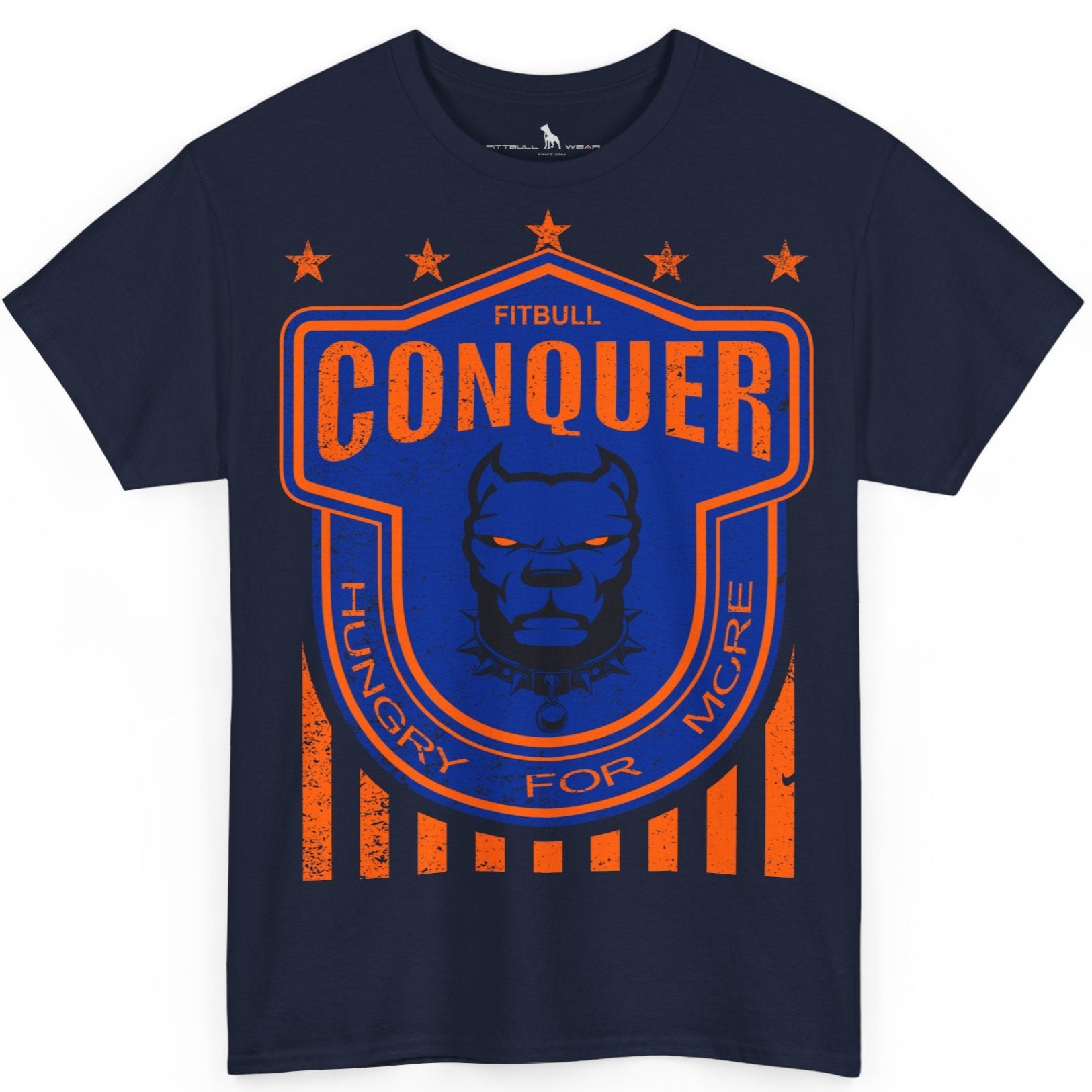 A Fitbull t-shirt with a Conquer motivational graphic design navy blue.