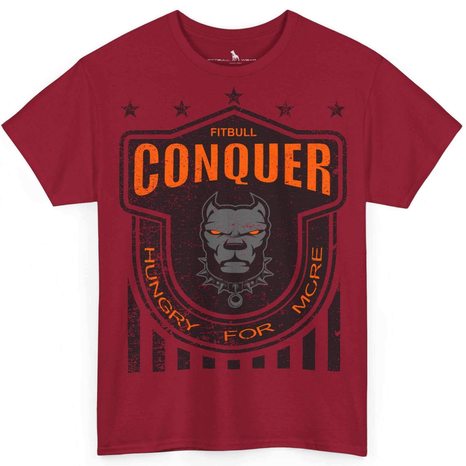 A Fitbull t-shirt with a Conquer motivational graphic design red.