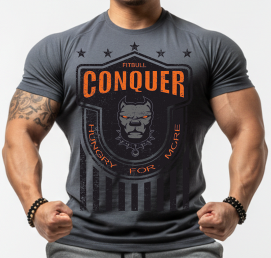 Man wearing a gray Fitbull t-shirt with 'Conquer' motivational design and logo and text.