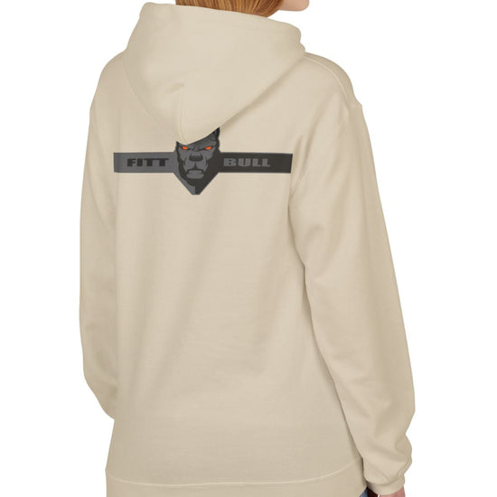 Fitbull sporty hoodie with bodybuilding motivating design Conquer with orange accents back beige left.