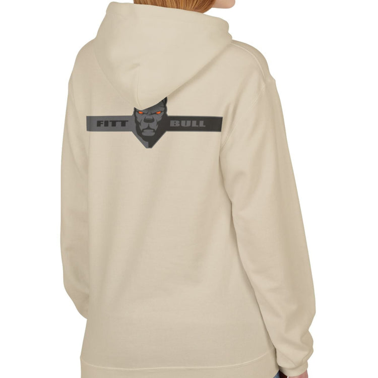 Fitbull sporty hoodie with bodybuilding motivating design Conquer with orange accents back beige left.