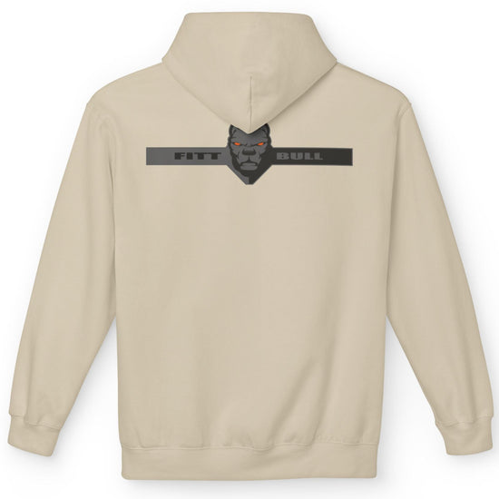 Fitbull sporty hoodie with bodybuilding motivating design Conquer with orange accents back beige.