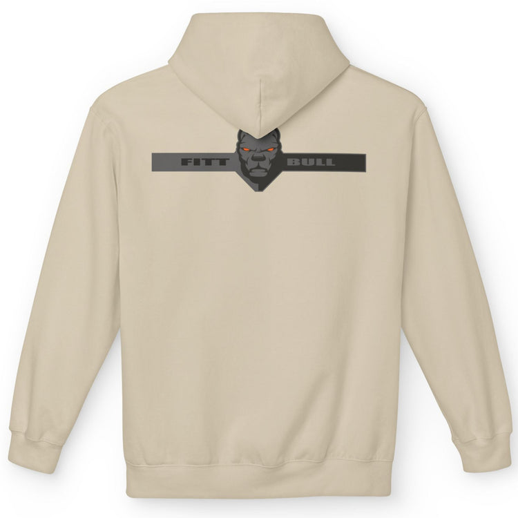 Fitbull sporty hoodie with bodybuilding motivating design Conquer with orange accents back beige.